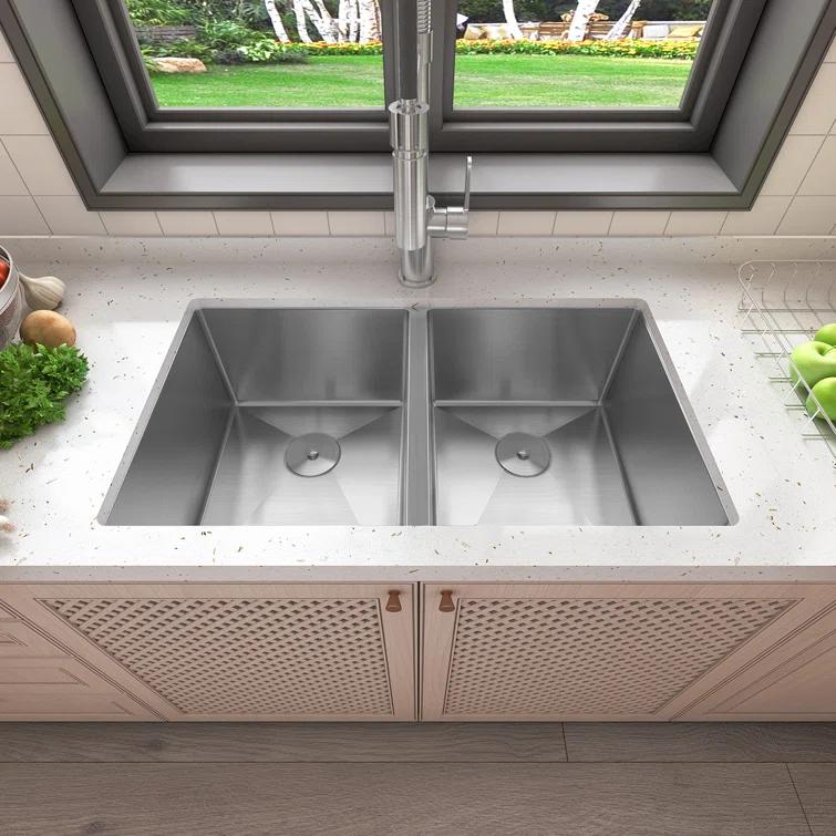 Sinber 32" x 19" Undermount Double Bowl Kitchen Sink with 18 Gauge 304 Stainless Steel Satin Finish