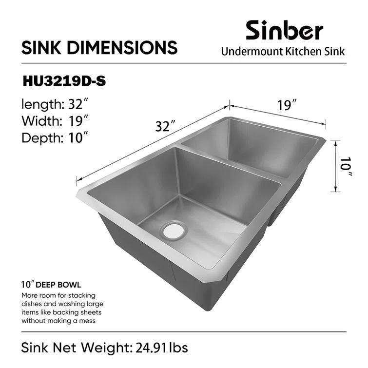 Sinber HU3219D-S-16W Sinber 32" x 19" Undermount Double Bowl Kitchen Sink with 16 Gauge 304 Stainless Steel Satin Finish