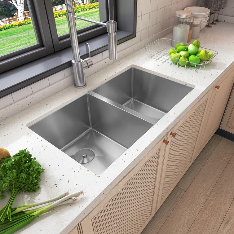 Sinber 32" x 19" Undermount Double Bowl Kitchen Sink with 18 Gauge 304 Stainless Steel Satin Finish