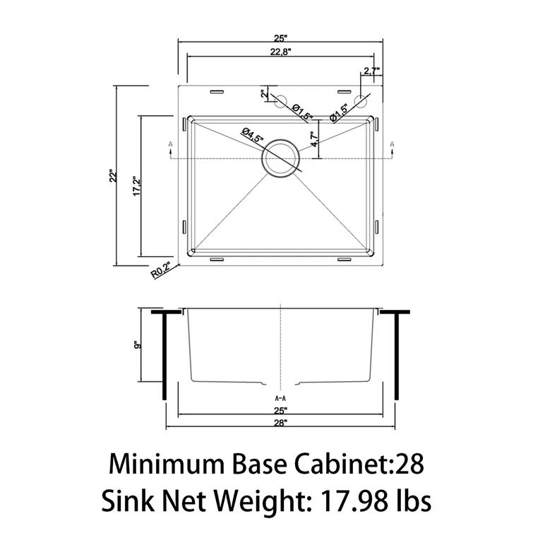 Sinber 25" x 22" Drop In Single Bowl Kitchen Sink with 18 Gauge 304 Stainless Steel Satin Finish