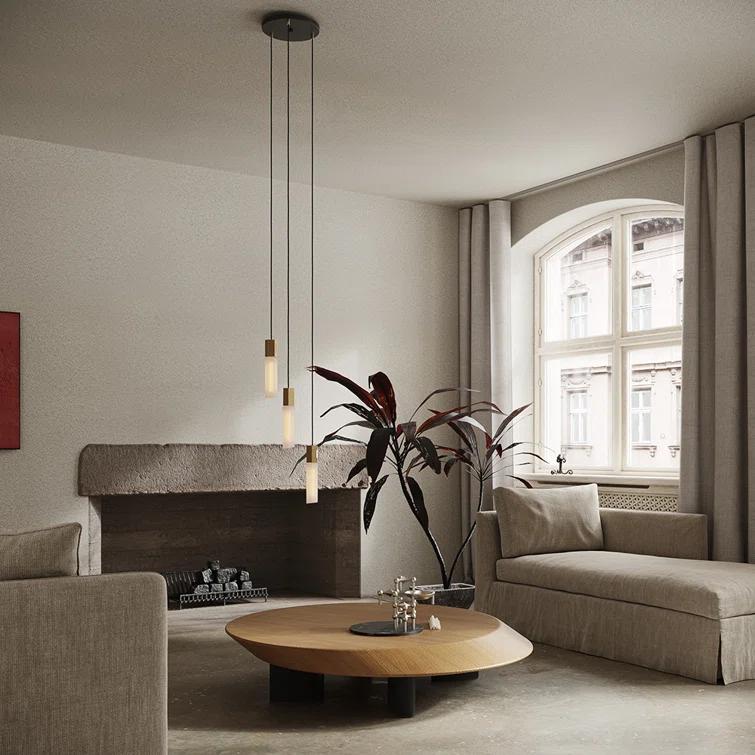 Basalt Brass Triple Pendant Light with Mouth Blown Glass Shades