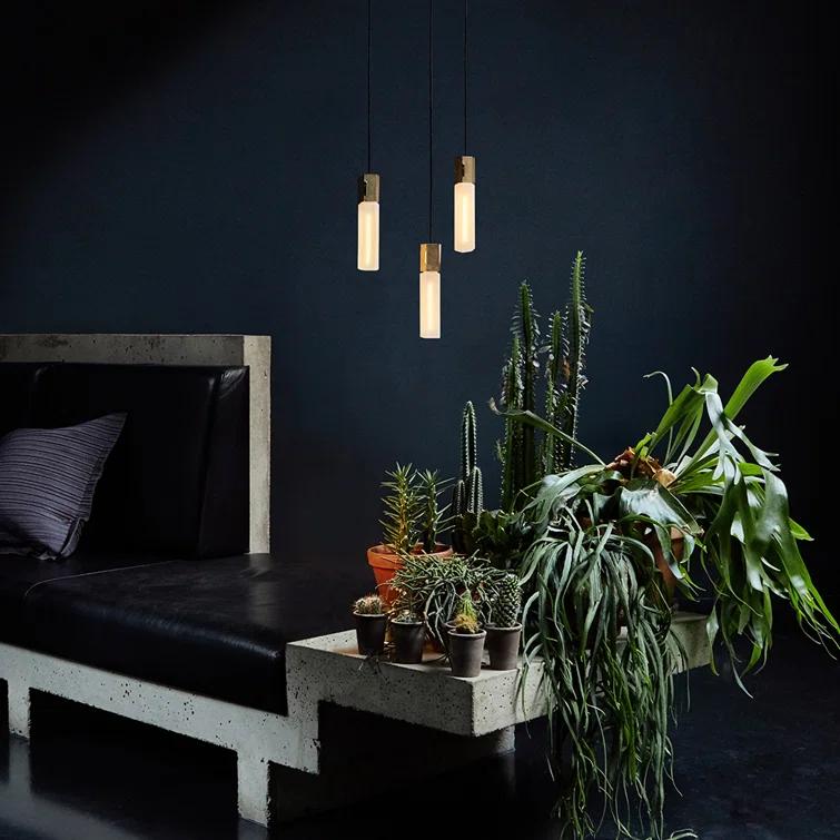Basalt Brass Triple Pendant Light with Mouth Blown Glass Shades
