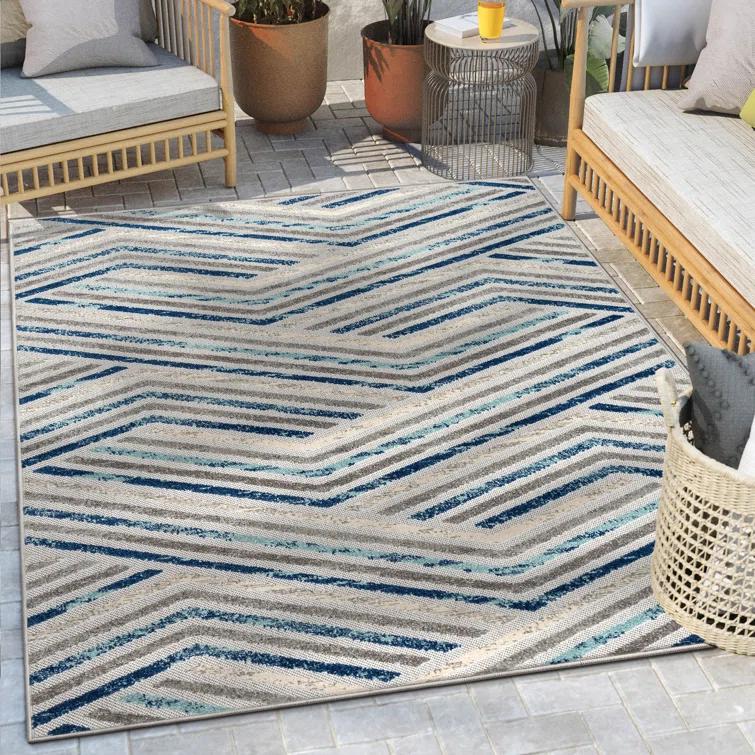 Neema Modern Chevron Striped Indoor/Outdoor Grey Blue High-Low Rug