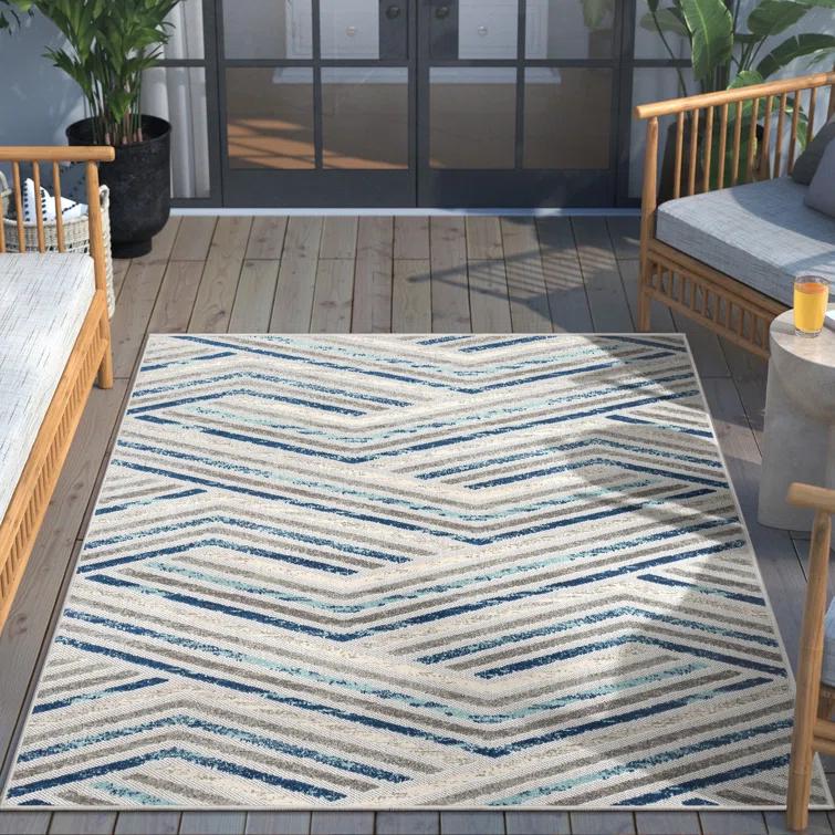 Neema Modern Chevron Striped Indoor/Outdoor Grey Blue High-Low Rug