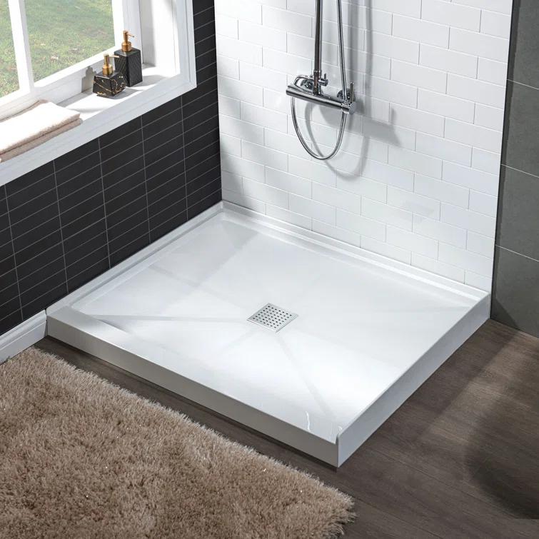 36" Solid Surface Square Single Threshold Shower Pan Base with Drain Assembly & Drain Cover Included, Non-Slip