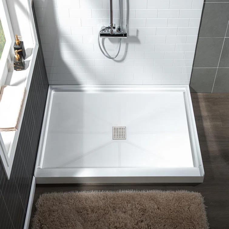 36" Solid Surface Square Single Threshold Shower Pan Base with Drain Assembly & Drain Cover Included, Non-Slip