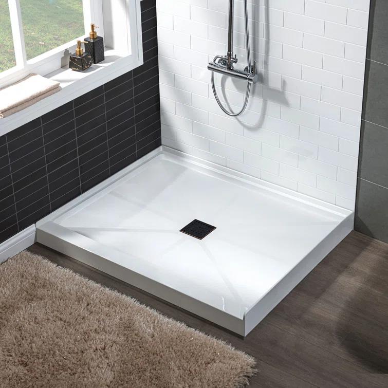 36" Solid Surface Square Single Threshold Shower Pan Base with Drain Assembly & Drain Cover Included, Non-Slip
