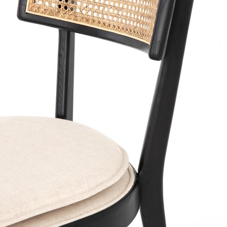 Elegant Linen and Cane Wood Dining Chair in Rich Brown