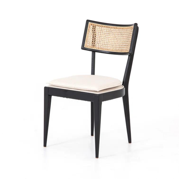 Elegant Linen and Cane Wood Dining Chair in Rich Brown