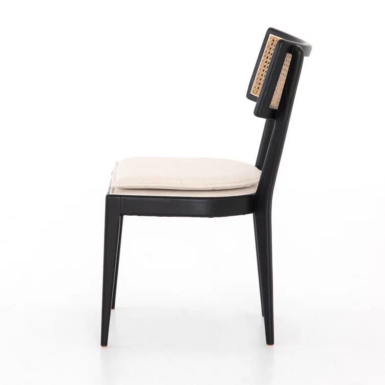 Elegant Linen and Cane Wood Dining Chair in Rich Brown