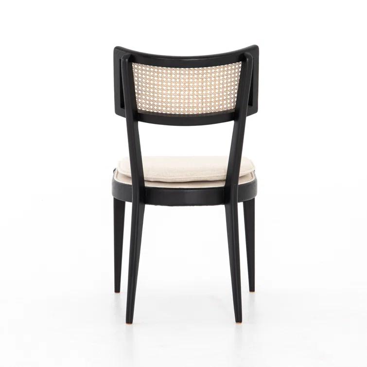 Elegant Linen and Cane Wood Dining Chair in Rich Brown