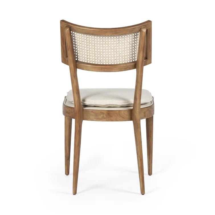 Elegant Linen and Cane Wood Dining Chair in Rich Brown