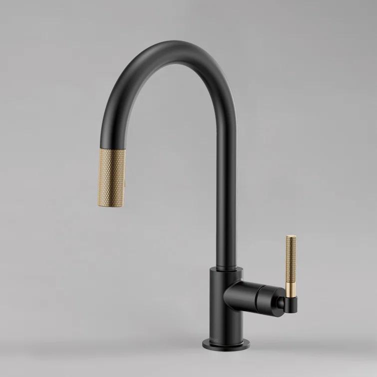 Matte Black and Gold Pull-Down Kitchen Faucet with Brass Handle