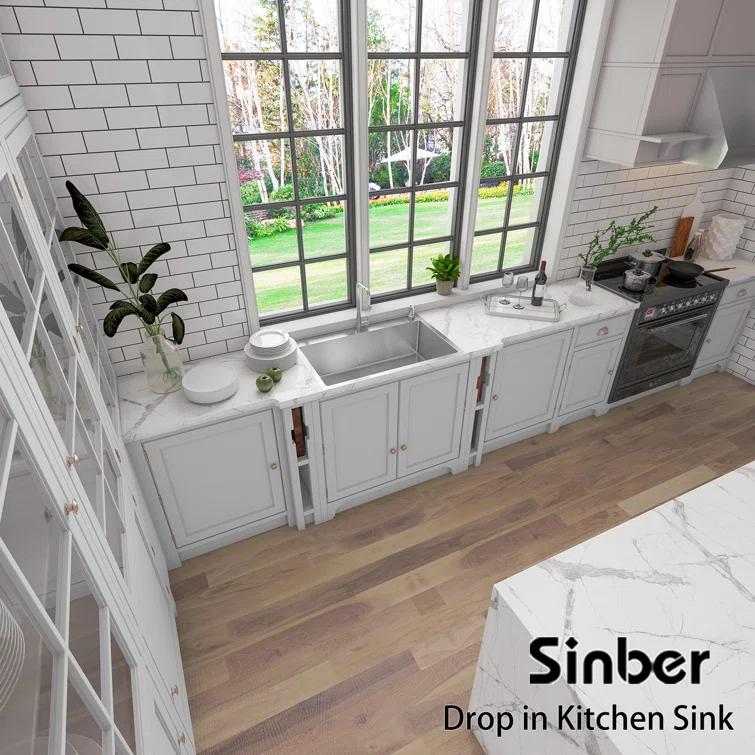 Sinber 33" x 22" Drop In Single Bowl Kitchen Sink with 18 Gauge 304 Stainless Steel Finish