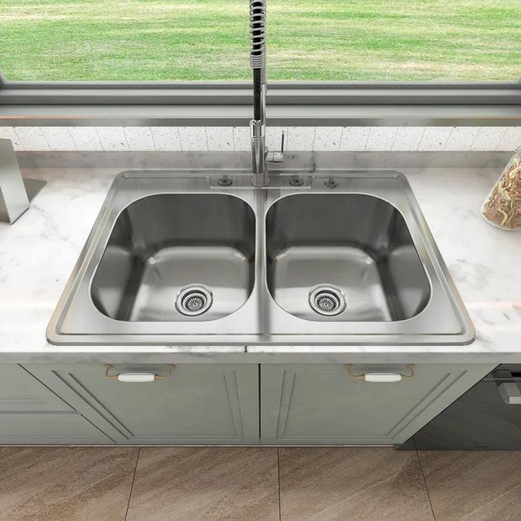 Sinber 33" x 22" Drop In Double Bowl Kitchen Sink with 18 Gauge 304 Stainless Steel Satin Finish