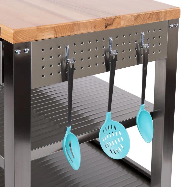 48'' Wide Stainless Steel Kitchen Rolling Cart Island with Solid Wood Top