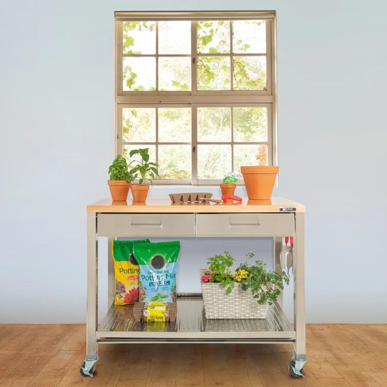48'' Wide Stainless Steel Kitchen Rolling Cart Island with Solid Wood Top