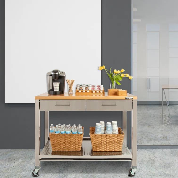 48'' Wide Stainless Steel Kitchen Rolling Cart Island with Solid Wood Top