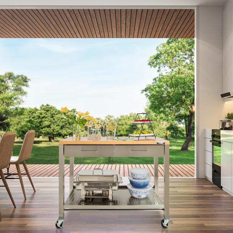48'' Wide Stainless Steel Kitchen Rolling Cart Island with Solid Wood Top