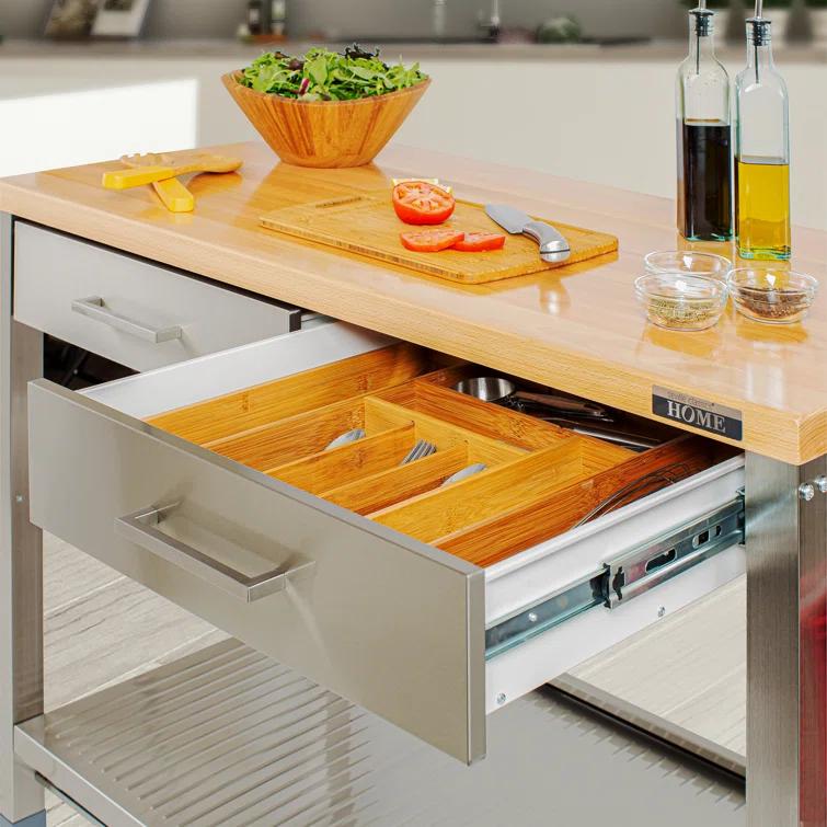48'' Wide Stainless Steel Kitchen Rolling Cart Island with Solid Wood Top