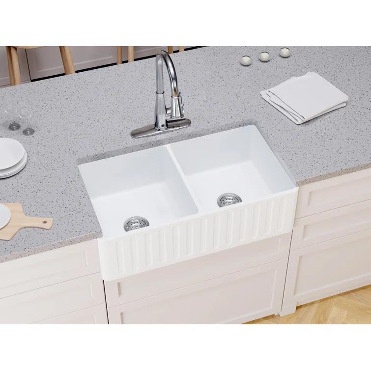 ANZZI K-AZ227-2B Roine 18'' L Farmhouse / Apron Double Bowl Solid Surface Kitchen Sink