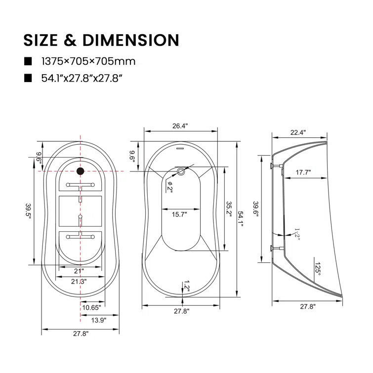 54" X 28" Freestanding Soaking Acrylic Bathtub