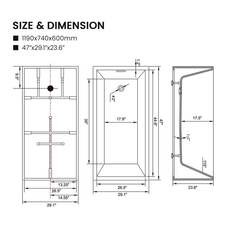 47" x 29" Freestanding Soaking Acrylic Bathtub