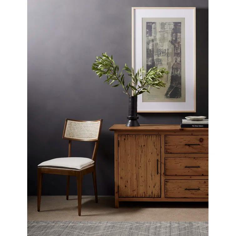 Elegant Linen and Cane Wood Dining Chair in Rich Brown