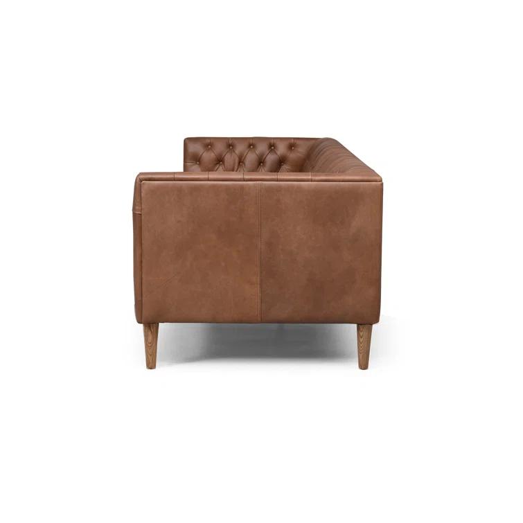 90" Brown Tufted Leather Stationary Sofa