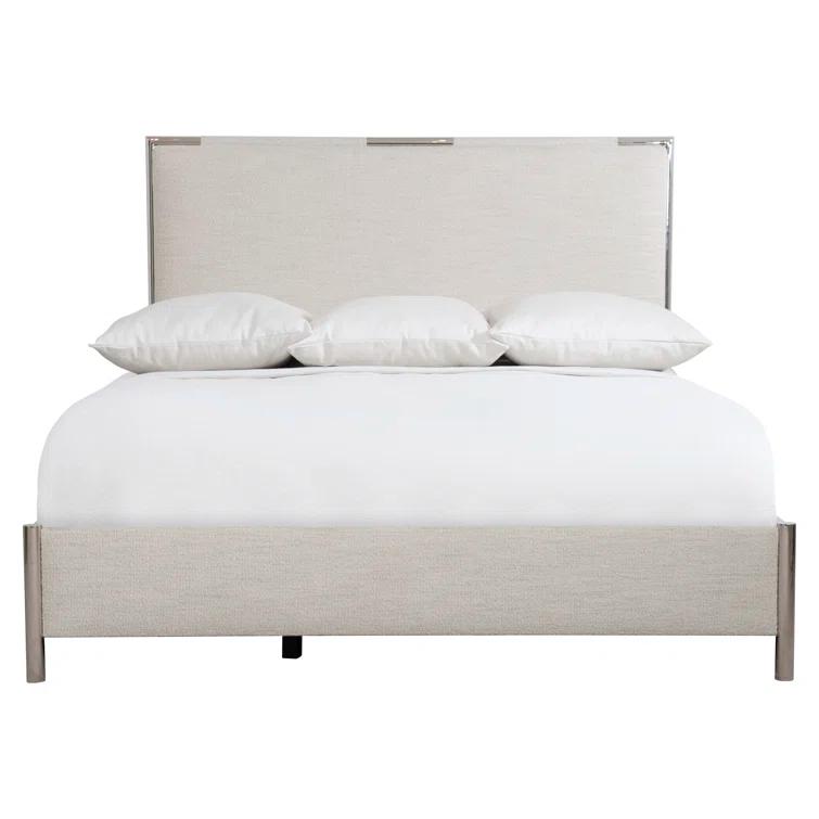 Beige Linen Upholstered Queen Bed with Metal Frame and Headboard