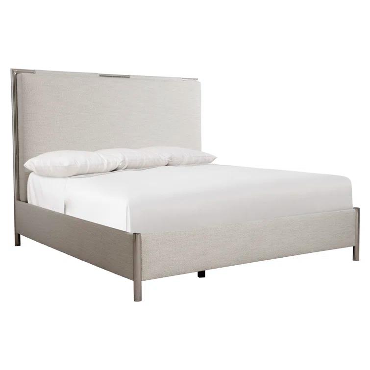 Beige Linen Upholstered Queen Bed with Metal Frame and Headboard