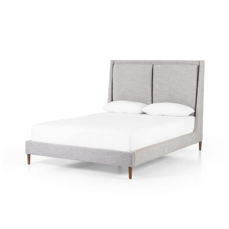 Gray Upholstered Queen Bed with Tapered Headboard and Wood Legs