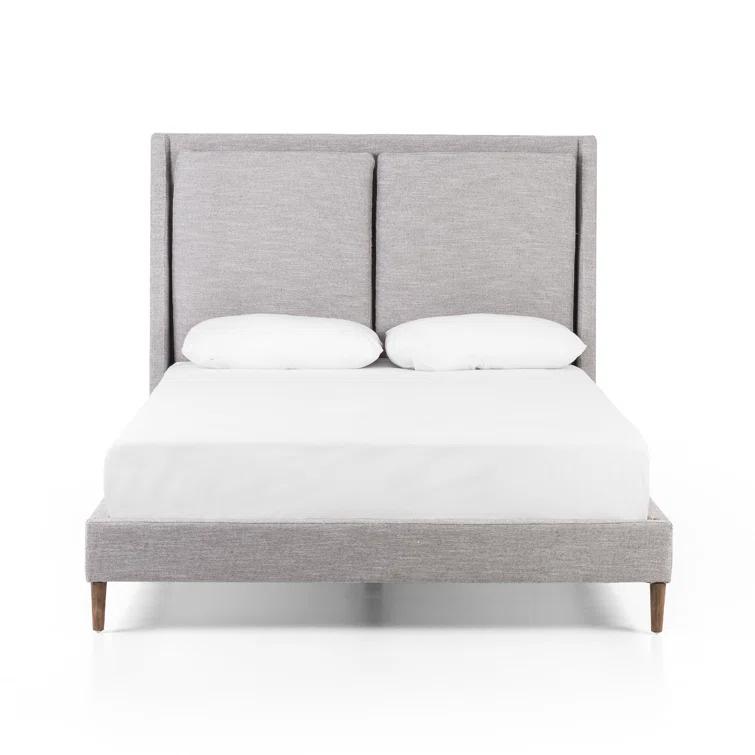 Gray Upholstered Queen Bed with Tapered Headboard and Wood Legs