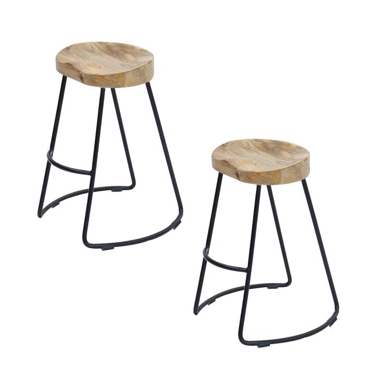 The Urban Port 24 Inch Mango Wood Industrial Counter Height Stool, Saddle Seat, Iron, Set of 2, Brown, Black