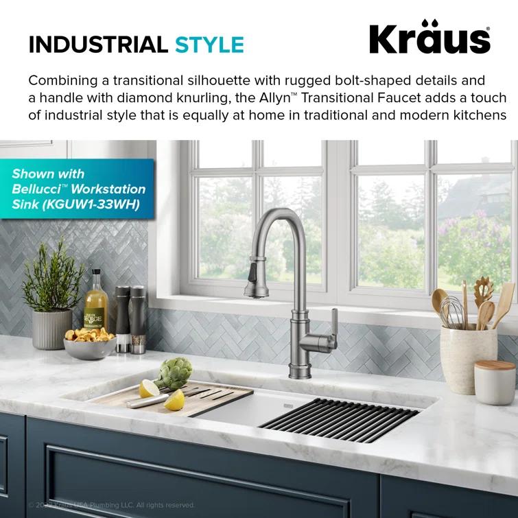 Allyn Transitional Industrial Pull-Down Single Handle Kitchen Faucet