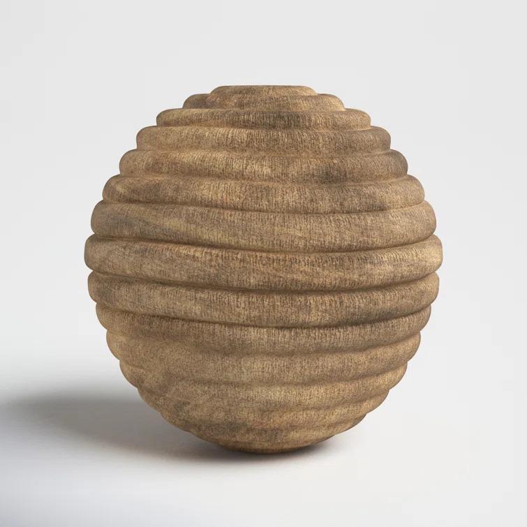 Sagebrook Home Nena Natural Round Brown Ridged Wooden Orb Decor Contemporary Rustic