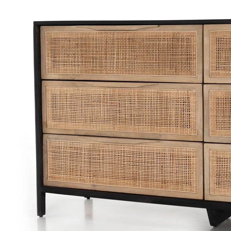 Black Wash Double Mid-Century 6-Drawer Dresser with Cane Detail