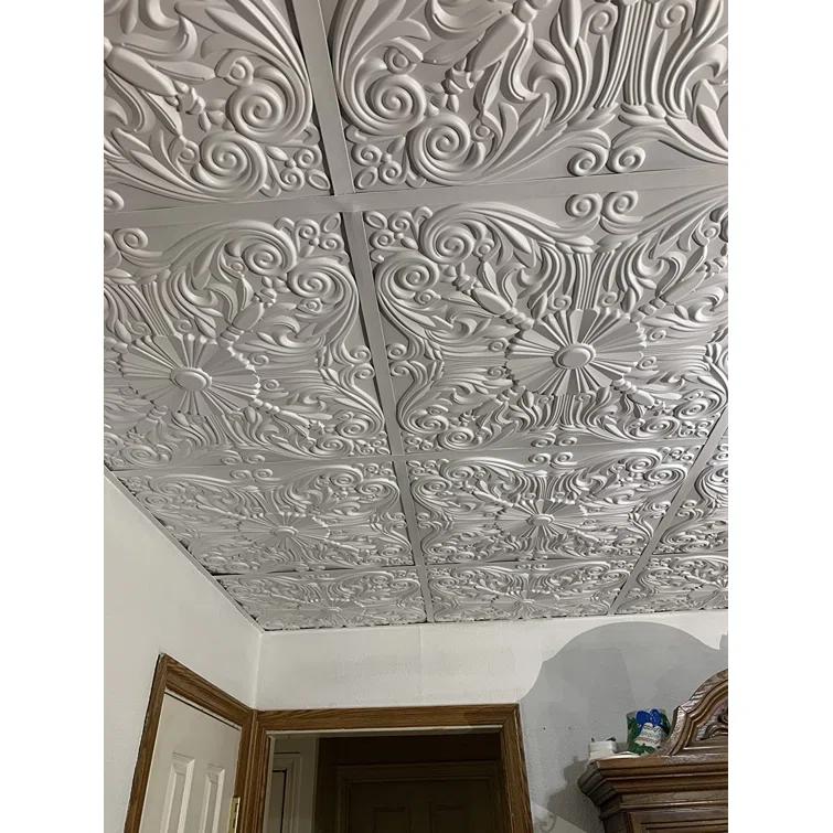 Art3d Art3d Decorative Ceiling Tile 2x2 Glue up, Lay in Ceiling Tile 24x24 Pack of 12pcs Spanish Floral in Matt White