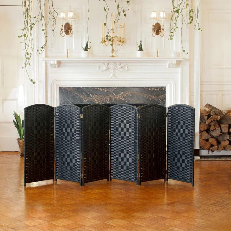 4 ft. Short Diamond Weave Fiber Folding Screen - Black - 6 Panel