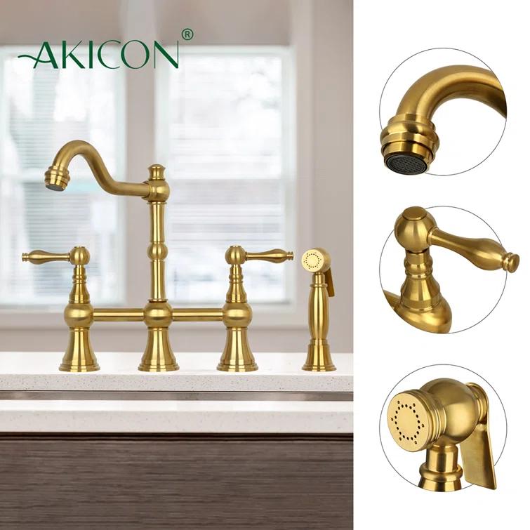 Brass Heritage Bridge Kitchen Faucet with Side Spray 2 Handles