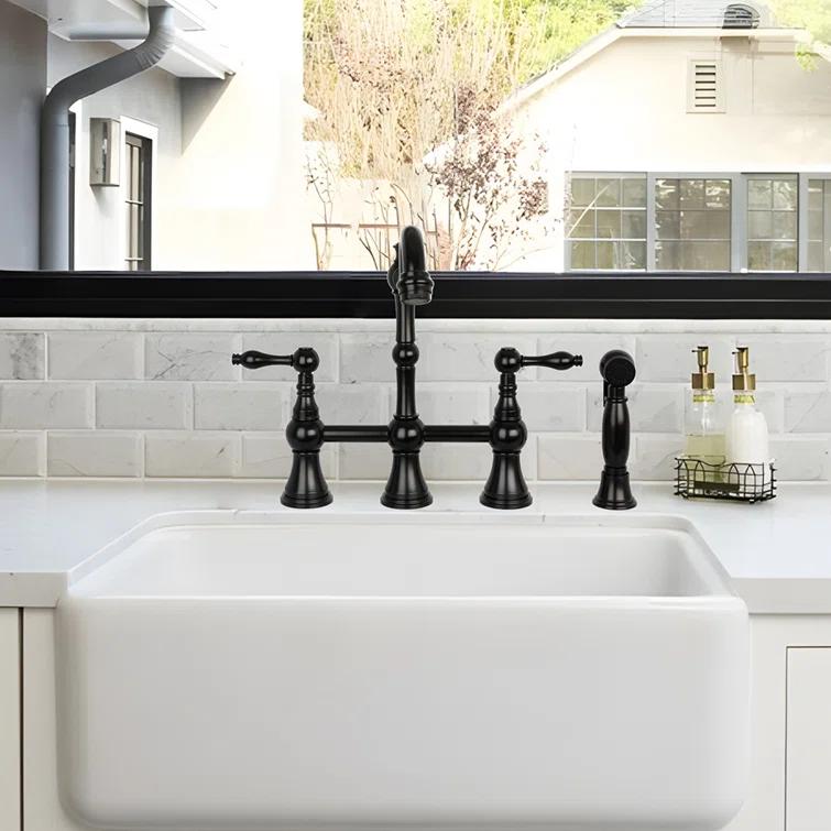 Brass Heritage Bridge Kitchen Faucet with Side Spray 2 Handles