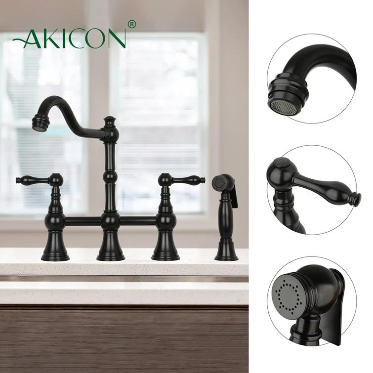 Brass Heritage Bridge Kitchen Faucet with Side Spray 2 Handles