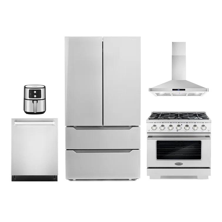 5 Piece Kitchen Package with 36" Freestanding Gas Range36" Wall Mount Range Hood 24" Built-in Fully Integrated Dishwasher,French Door Refrigerator & 5.5L Electric Hot Air Fryer
