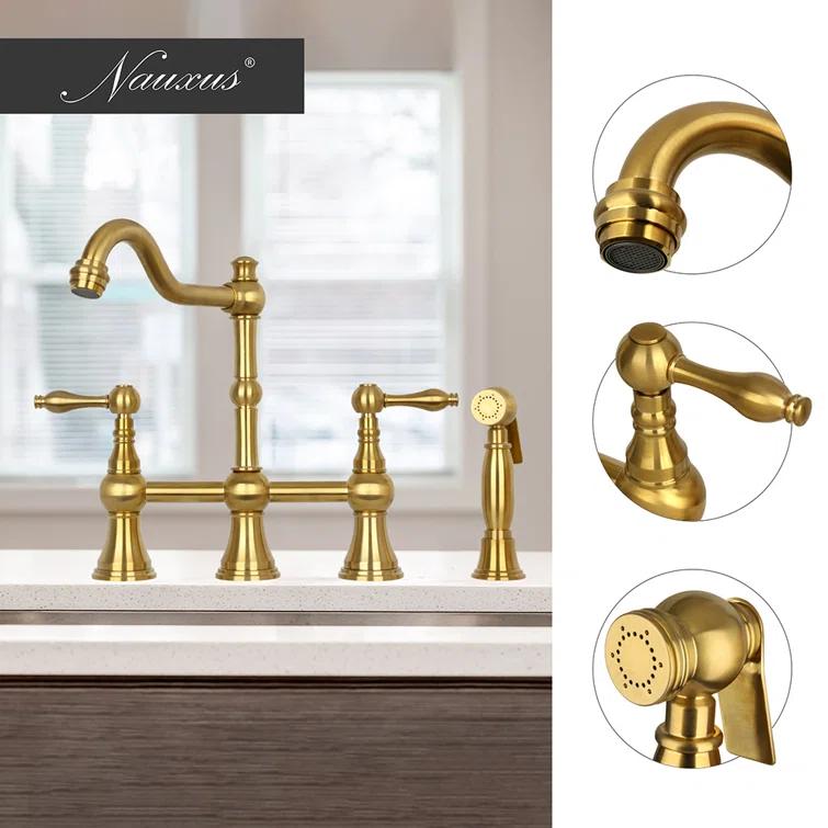 Brass Heritage Bridge Kitchen Faucet with Side Spray 2 Handles