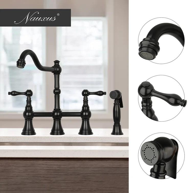 Brass Heritage Bridge Kitchen Faucet with Side Spray 2 Handles