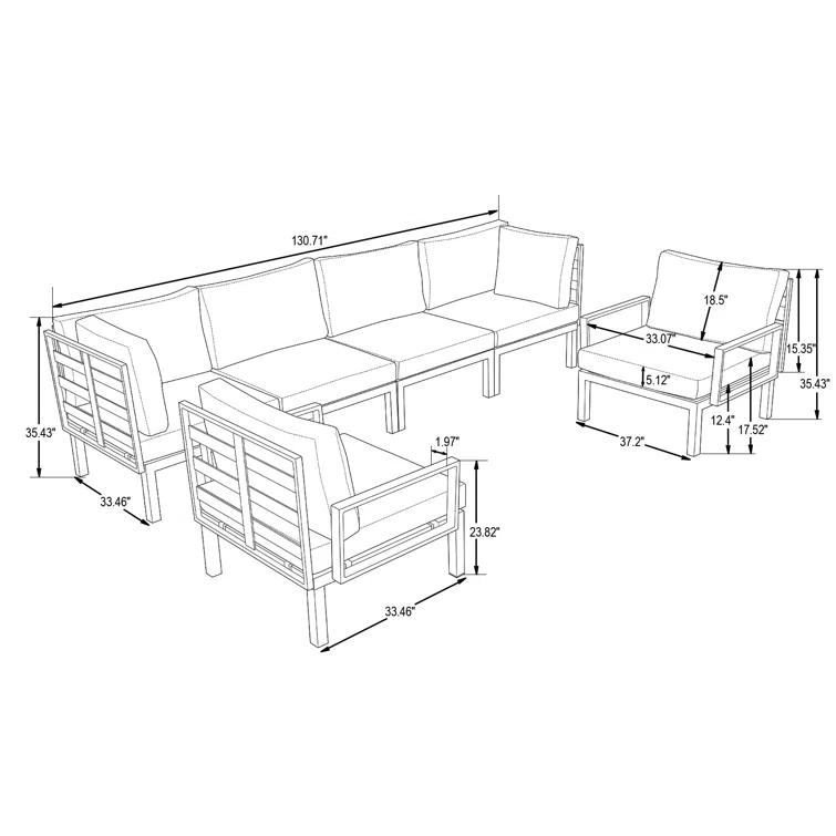 LeisureMod Hamilton Modern 6-Peice Modular Outdoor Sectional Aluminum Patio Conversation Set with Beige Cushions