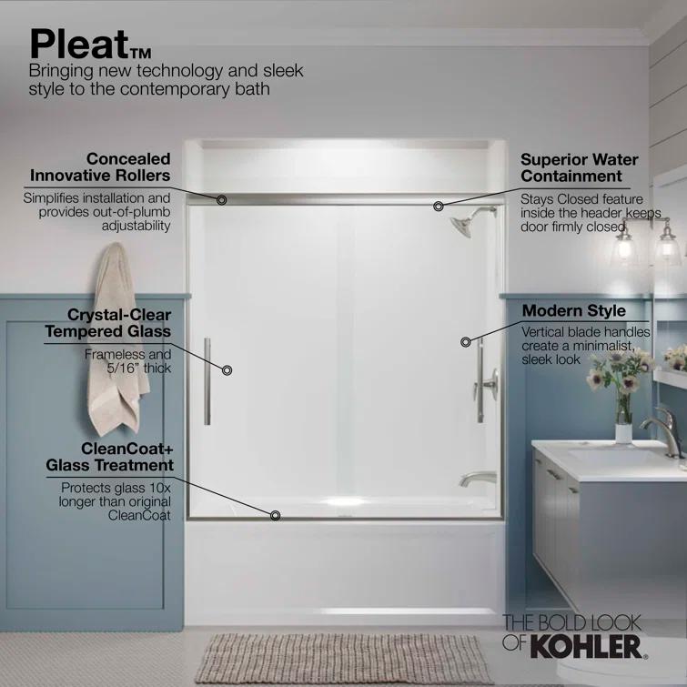 Pleat® 63-9/16"H Frameless Sliding Bath Door with 5/16"-Thick Crystal Clear Tempered Glass