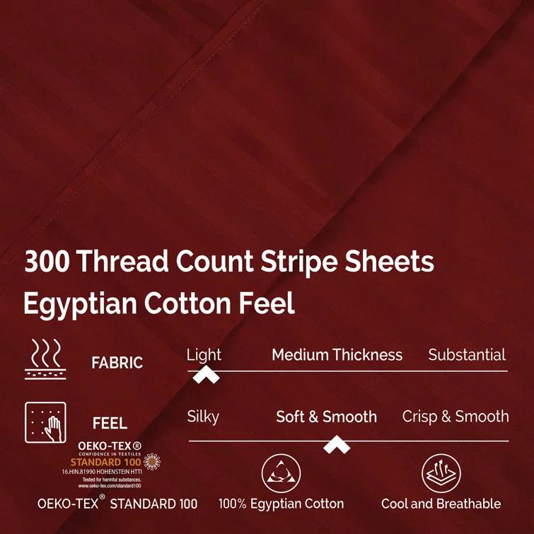 300 Thread Count Striped Egyptian Certified Cotton Sateen Sheet Set