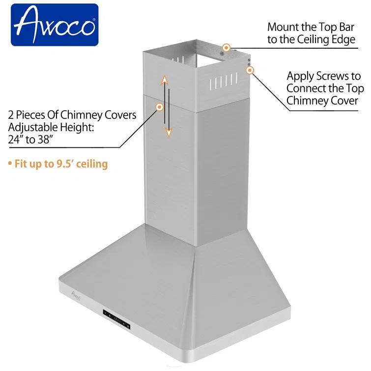 Awoco 30" Stainless Steel 800 CFM Ducted (Vented) Wall Range Hood with Baffle Filter