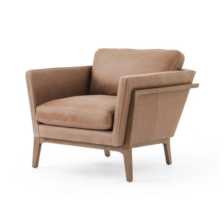 Contemporary Dash Brown Leather Armchair with Solid Wood Frame